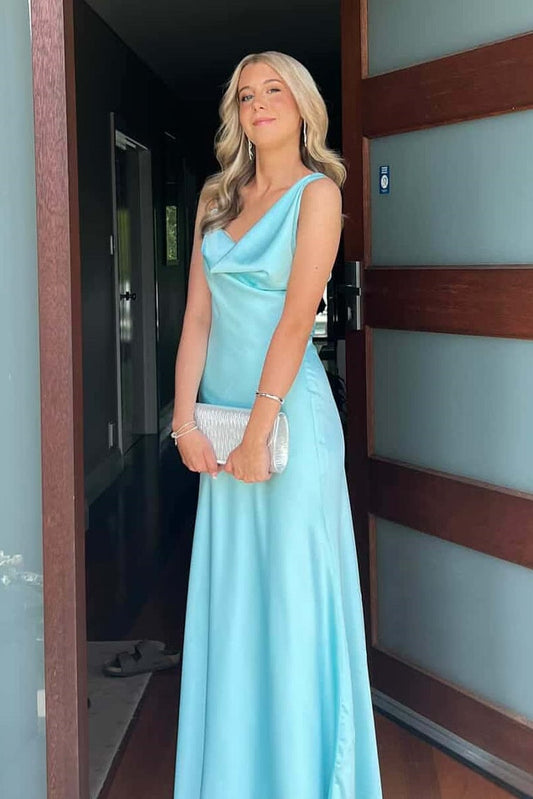 Asymmetrical Straps Open Back Satin Floor Length Party Prom Dress
