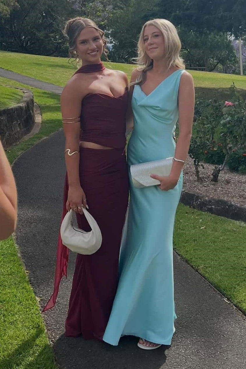 Asymmetrical Straps Open Back Satin Floor Length Party Prom Dress