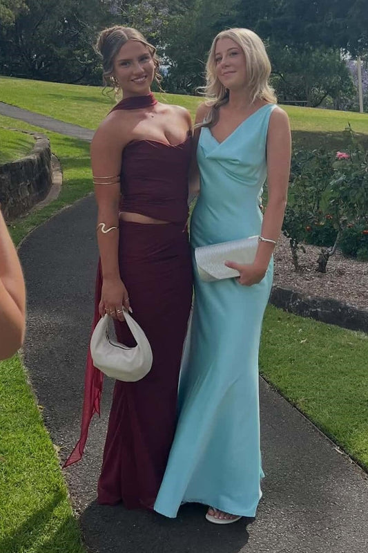 Asymmetrical Straps Open Back Satin Floor Length Party Prom Dress