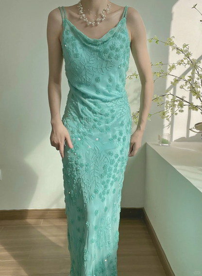 Exquisite Blue Sheath Spaghetti Strap Floral Beaded Chiffon Long Prom Dress Formal Dress SH3867