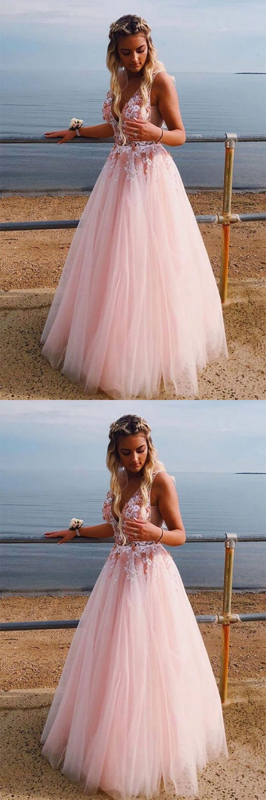 Pink v neck tulle lace long prom dress, pink tulle evening dress B458