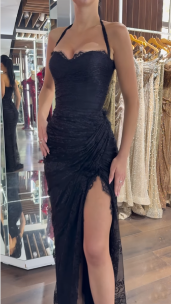 Sexy Black Halter Lace Mermaid  Slit Long Evening Dress Party Gown D1586