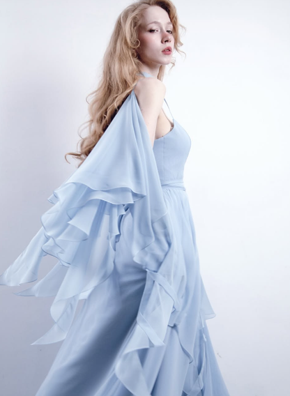 Blue A Line Straps Chiffon Slit Long Prom Dress Evening Dress with Cape SH3319