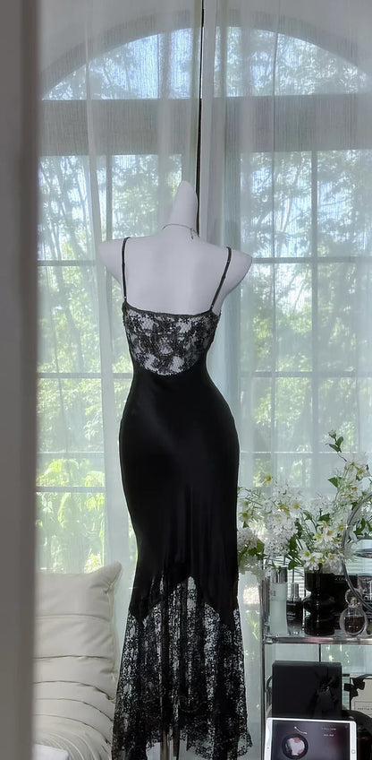 Sexy Black Mermaid Spaghetti Strap Beaded Lace Chiffon Evening Dress Party Dress SH3727