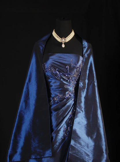 Vintage Ball Gown Strapless Navy Blue Satin Long Prom Dresses Party Dress SD1343