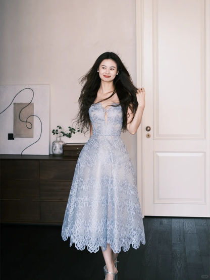 Blue A Line Sweetheart Neck Lace Prom Dress Party Dresses SH4584