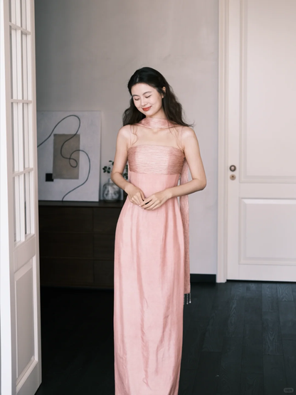 Elegangt Simple Pink A Line Spaghetti Straps Pleated Satin Prom Dress Party Dresses SH4586