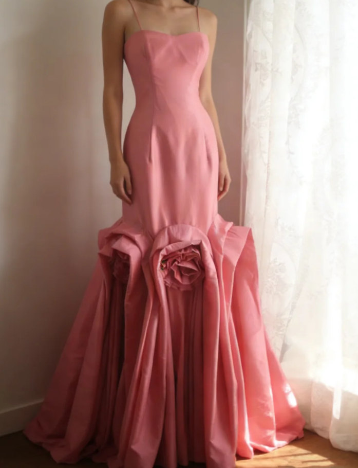 Elegant Spaghetti Straps Pink Satin Pleated Floral Mermaid Long Party Dress Birthday Evening Gown D2210