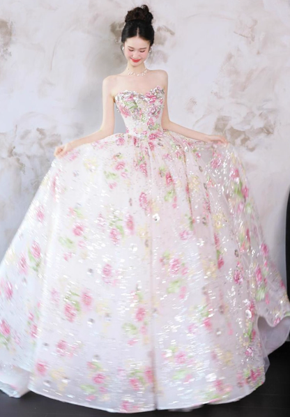 Exquisite Ball Gown Strapless Embroidery Floral Tulle Prom Dress 16th Birthday Dress SH4054