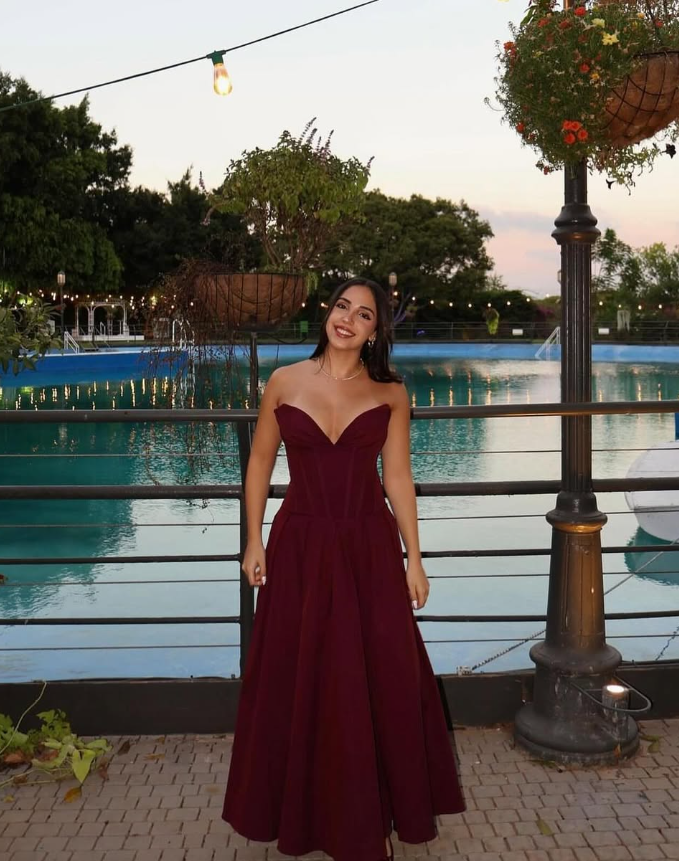 Cute A Line Sweetheart Neck Burgundy Satin Prom Dress Evening Dress SH2636