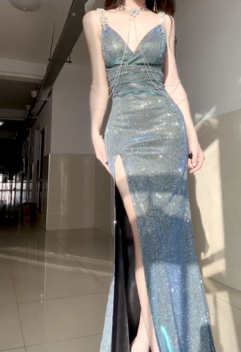 Shiny Blue Mermaid Straps Beaded Sequin Graduation Ball Gown 18th Birthday Dress SH4988