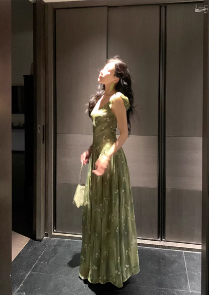 Green Gentle A Line Straps V Neck Print Floral Chiffon Prom Dress Party Dress Outfits SH5060