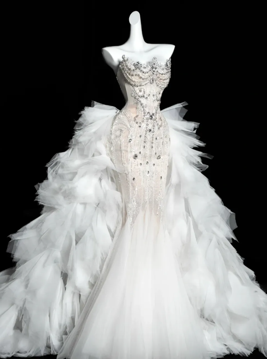Charming Mermaid Strapless Rhinestone White Tulle Long Prom Dress SH3244