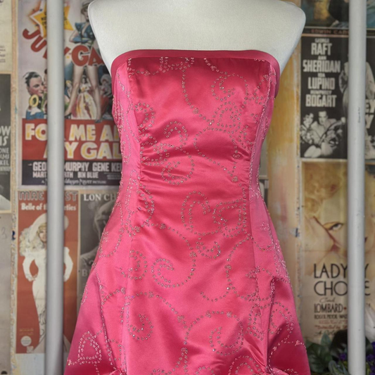 Elegant Hot Pink Strapless Satin Beaded Long Party Dress Birthday Prom Gown D1703