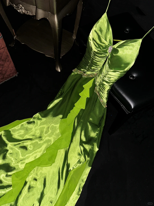 Green A Line Spaghetti Strap Beaded Pleated Satin Long Prom Dress Evening Dress SH3158