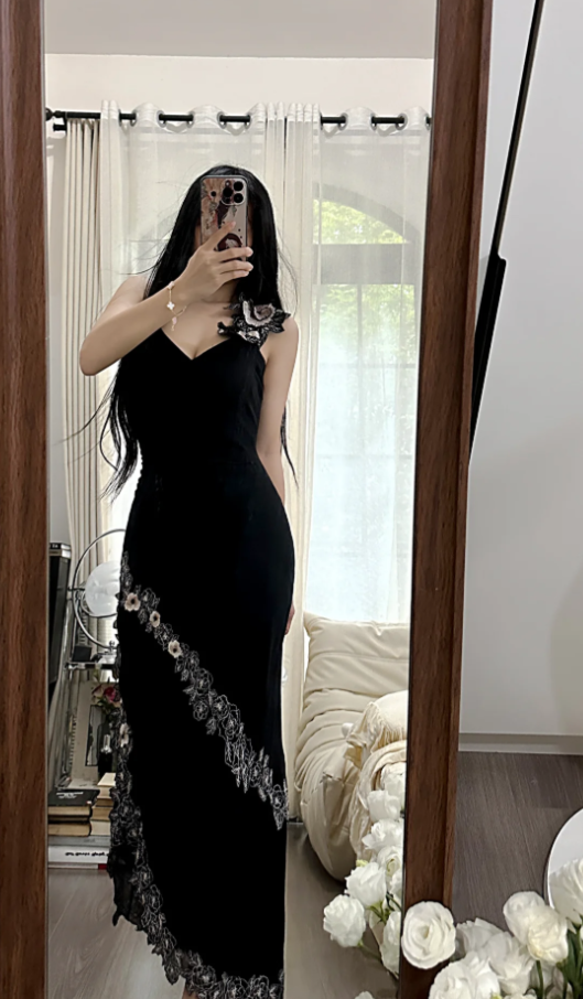 Fashion Spaghetti Straps Black Satin Mermaid Long Party Dress Prom Gown With Appliques D2307