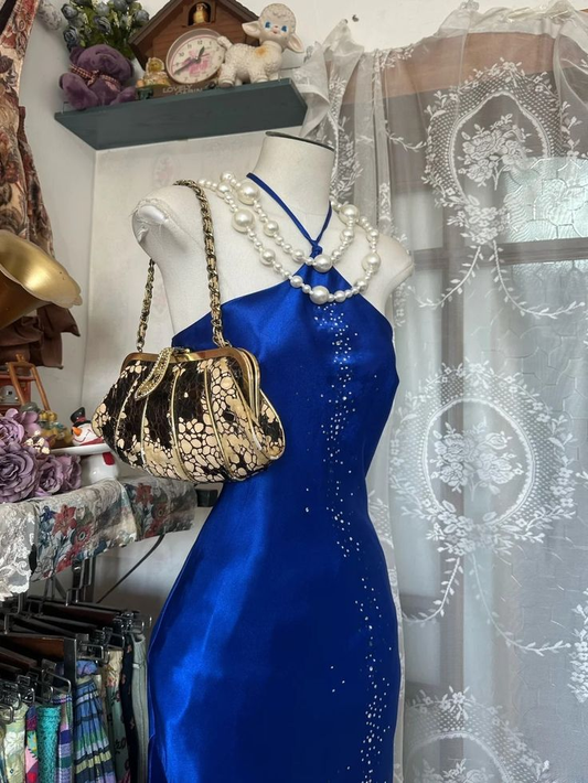 Sexy Royal Blue Satin Beaded Mermaid Long Wedding Guest Dress Formal Evening Dress Party Gown D1878