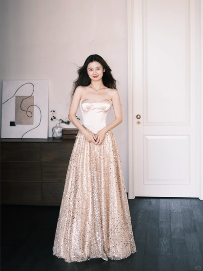 A Line Sweetheart Neck Champagne Satin Sequin Prom Dress Party Dresses SH4593