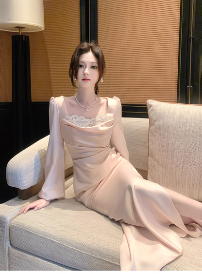 Sweet Lace Neck Pink Satin Mermaid Long Wedding Dress Formal Evening Dress Birthday Dress SP1541