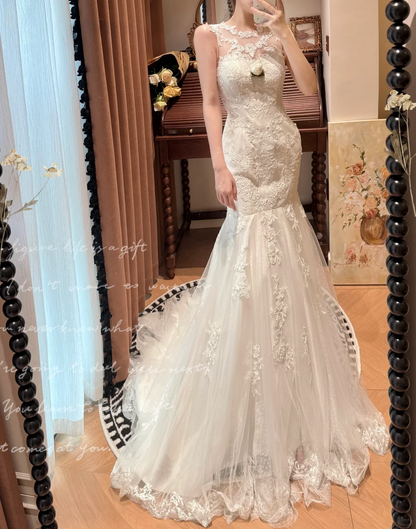 Vintage Mermaid Round Neck White Lace Prom Dresses 18th Birthday Dresses SH4643