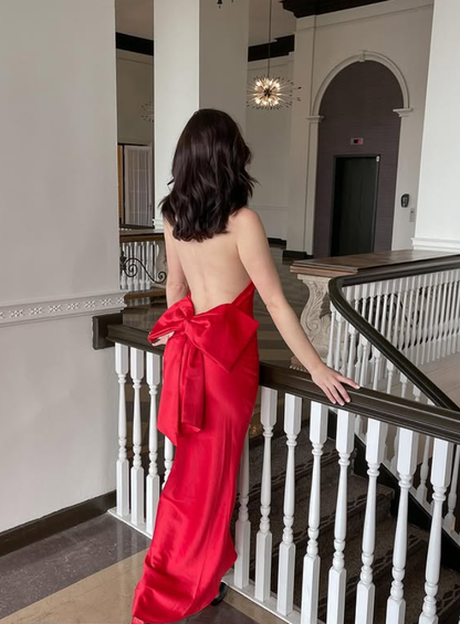 Sexy Red Open Back Bow Sheath Halter Satin Prom Dress Evening Dress SH4873