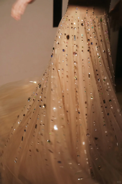 Shiny A Line Spaghetti Strap Multi-color Rhinestone Tulle Prom Dress Party Dress SH4740