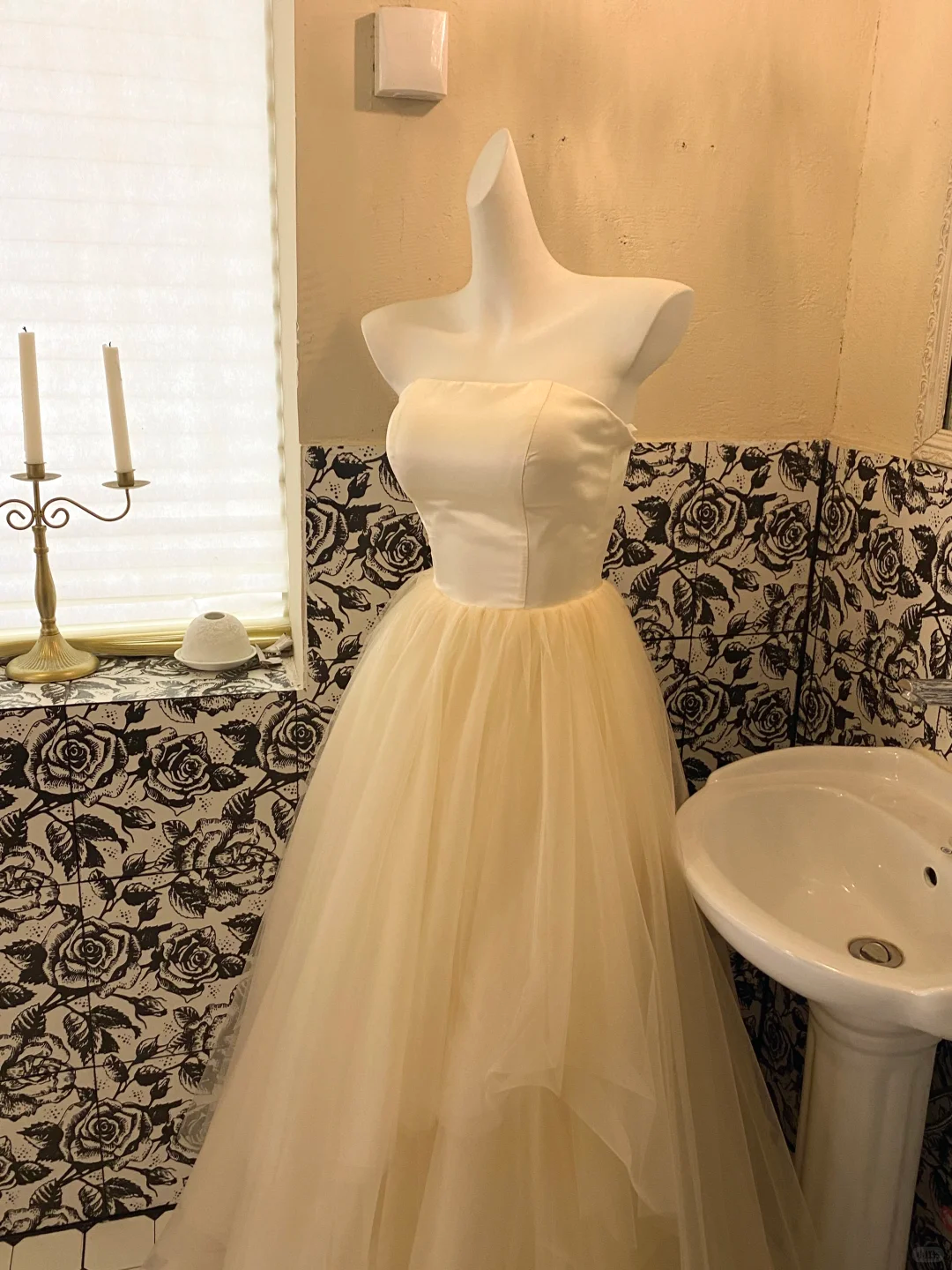 Simple Light Champagne A Line Strapless Satin Tulle Party Dress Prom Dress SH3849