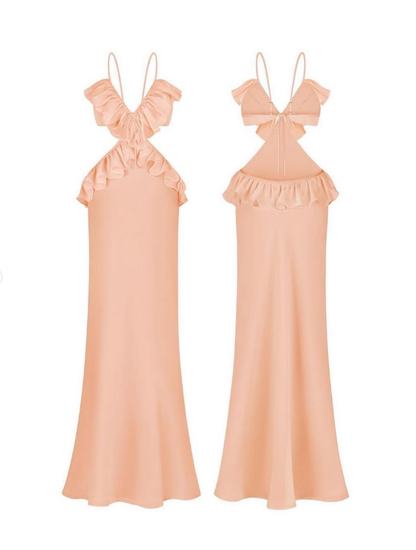 Ruffle Mermaid Spaghetti Straps Yellow Chiffon Satin Open Back Prom Dress Evening Dress SH3289
