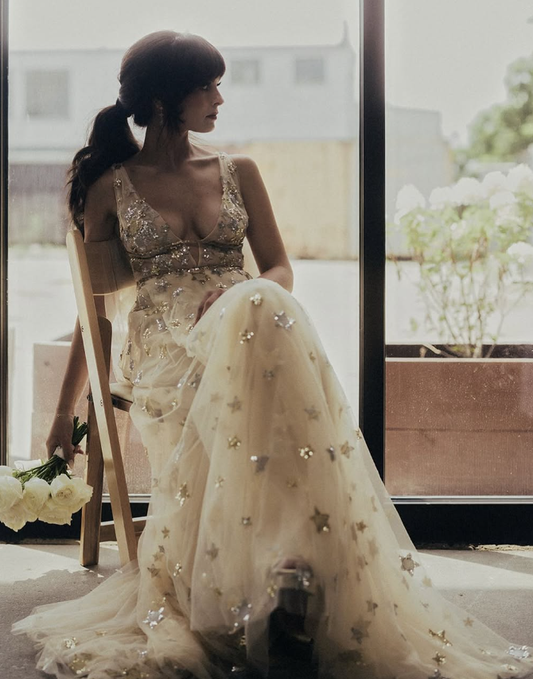 Charming V-neck Floral Long Prom Dress, Evening Dress T132