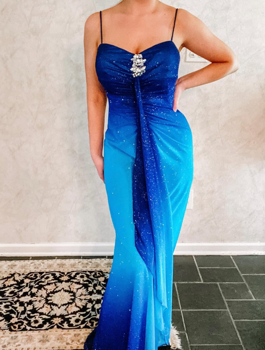 Shiny Sheath Spaghetti Strap Beaded Blue Ombre Chiffon Prom Dress Evening Dress SH2623