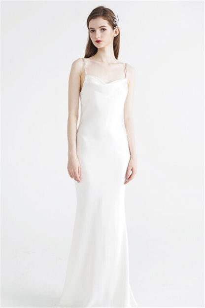 Bateau Sleeveless Backless Mermaid White Long Satin Evening Dress