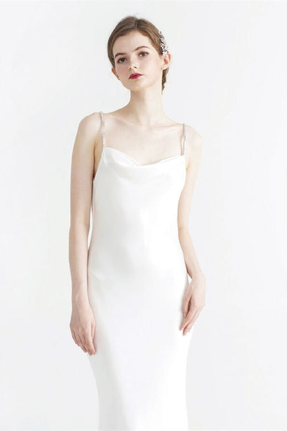 Bateau Sleeveless Backless Mermaid White Long Satin Evening Dress