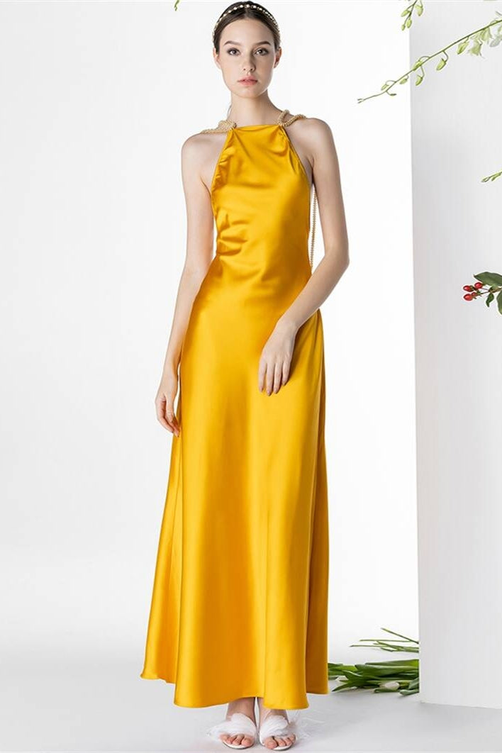 Round Sleeveless Open Back Satin Party Prom Dress