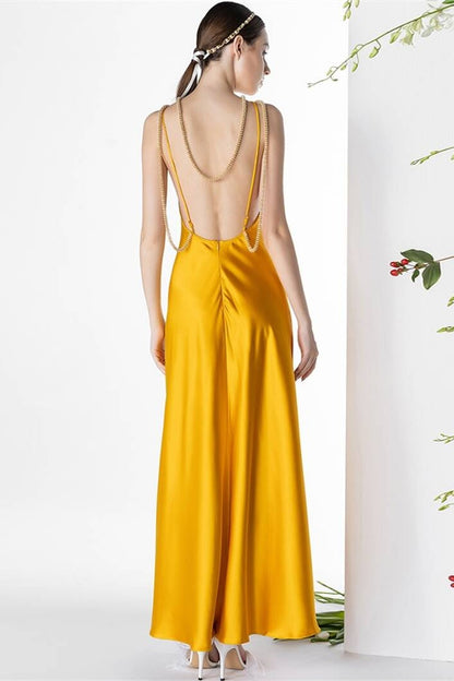 Round Sleeveless Open Back Satin Party Prom Dress