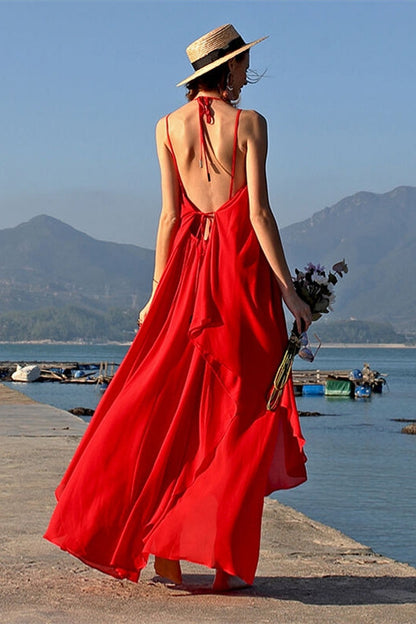 Backless Red Chiffon Maxi Dress