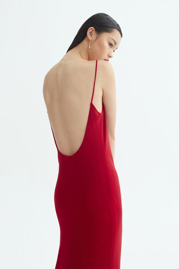 Red Spaghetti Straps Open Back Satin Party Prom Dress