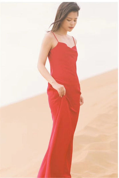 Red Spaghetti Straps Open Back Satin Party Prom Dress
