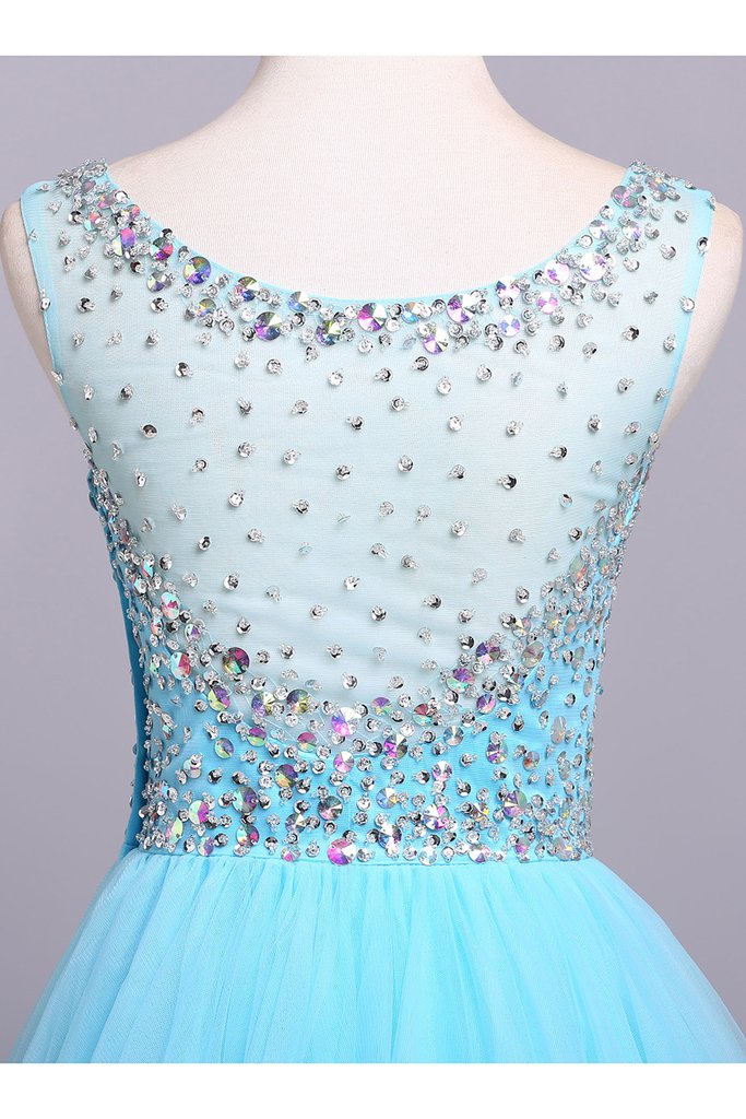 Blue Scoop Sleeveless Tulle Prom Dress with Sequins, Floor Length Puffy Evening Dress M1505