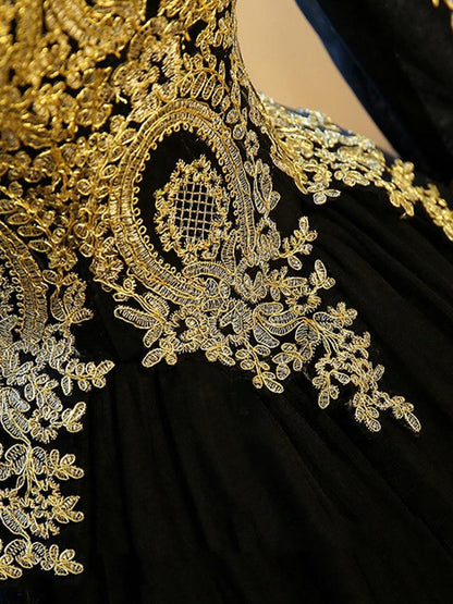 Black Ball Gown Long Sleeves Party Dress, Princess Tulle Prom Dress with Lace Appliques M1503