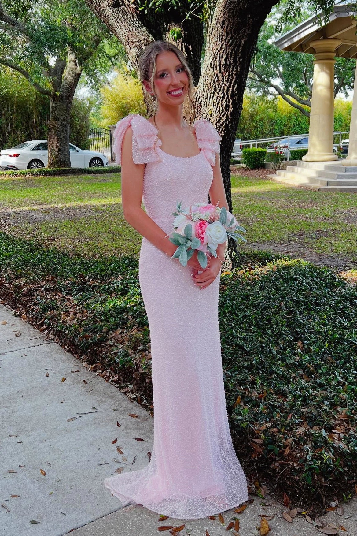 Bateau Bow Straps Fully Sequin Mermaid Party Prom Dress