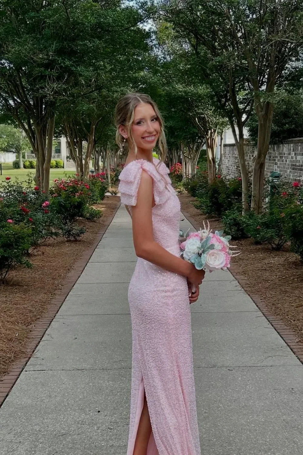 Bateau Bow Straps Fully Sequin Mermaid Party Prom Dress