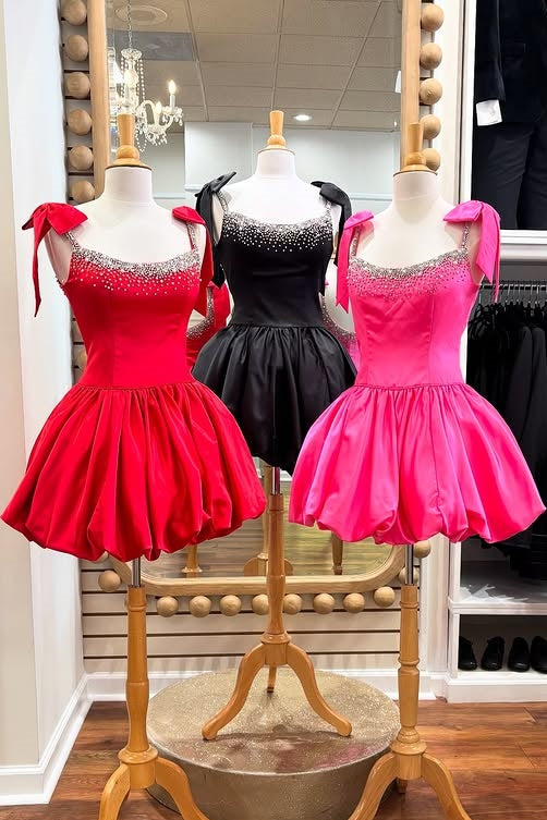 Bateau Bow Straps Satin A-Line Beaded Homecoming Dress