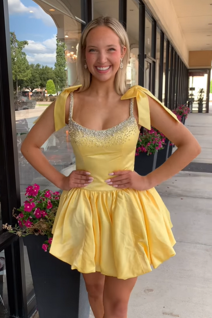Bateau Bow Straps Satin A-Line Beaded Homecoming Dress