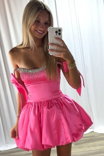 Bateau Bow Straps Satin A-Line Beaded Homecoming Dress