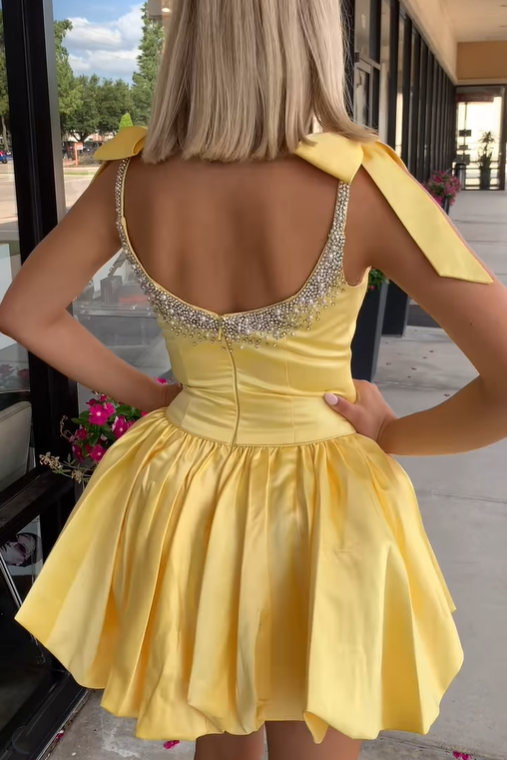 Bateau Bow Straps Satin A-Line Beaded Homecoming Dress
