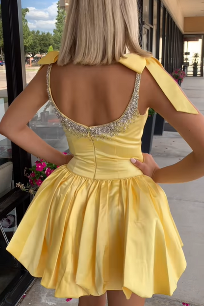 Bateau Bow Straps Satin A-Line Beaded Homecoming Dress