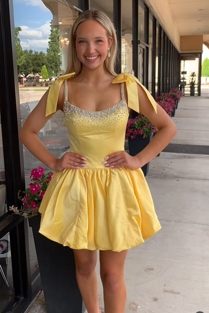 Bateau Bow Straps Satin A-Line Beaded Homecoming Dress