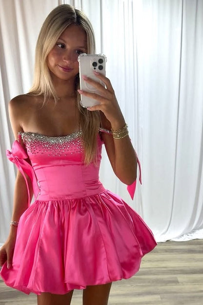 Bateau Bow Straps Satin A-Line Beaded Homecoming Dress