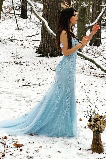 Bateau Lace Up Lace Appliques Mermaid Party Prom Dress With Train