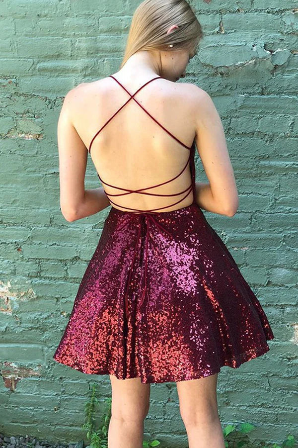 Bateau Lace Up Sequins A-Line Short Party Homecoming Dress